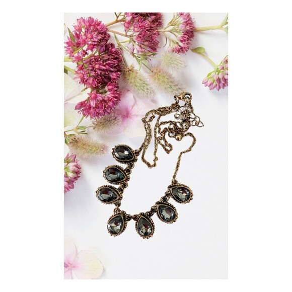 Smoky Gray Rhinestone Teardrop Bib Necklace Statement  Bronze Tone Chain Women - Picture 1 of 11